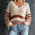 ElevenOra Chic Casual Off-White V-Neck Contrast Trim Long Sleeve Loose-Fit Knit Sweater Top