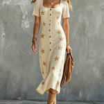 ElevenOra Chic Elegant Beige Square-Neck Short-Sleeve Single-Breasted Camel Stars Pattern A-Line Loose-Fit Soft Knit Midi Dress