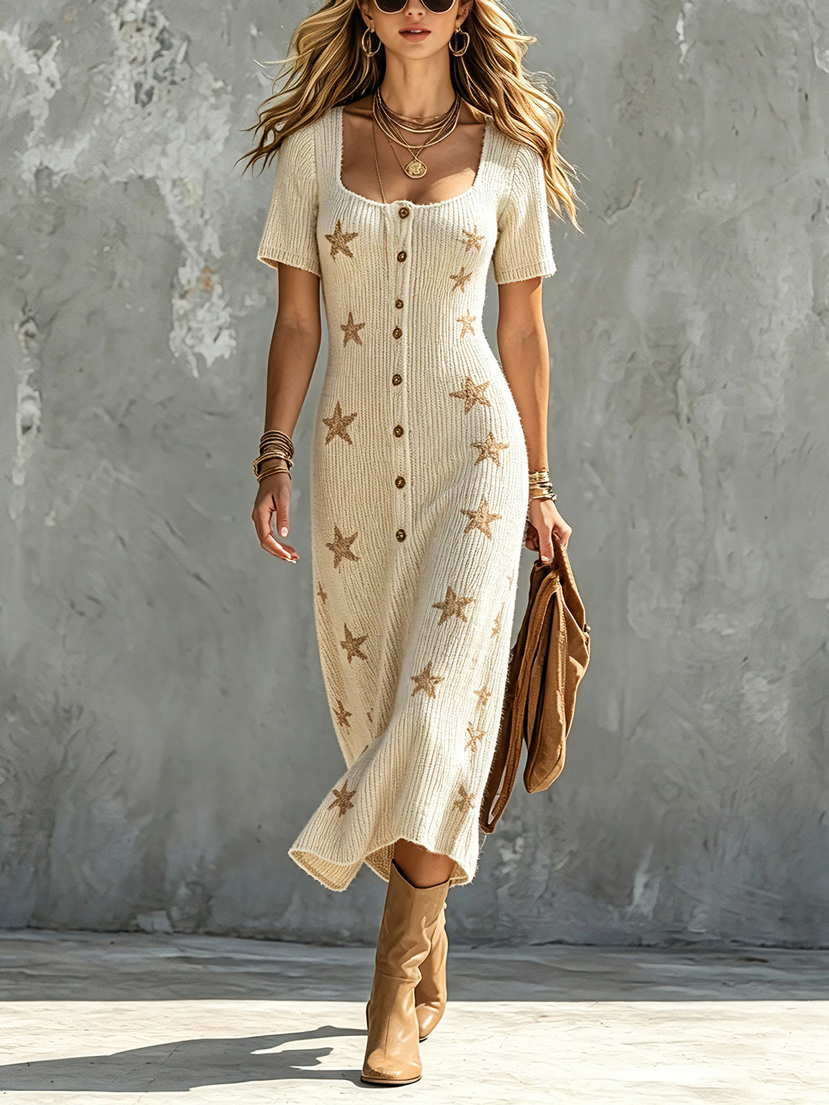 ElevenOra Chic Elegant Beige Square-Neck Short-Sleeve Single-Breasted Camel Stars Pattern A-Line Loose-Fit Soft Knit Midi Dress
