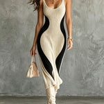 ElevenOra Chic Elegant Beige-Black Colorblock U-Neck Sleeveless  Slim-Fit Soft Knit Midi Dress