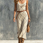 ElevenOra Chic Elegant Beige Argyle Pattren U-Neck Tank Straps Sleeveless Belted H-Shaped Soft Knit Midi Dress