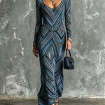 ElevenOra Chic Elegant Blue-Black Boho Pattren Print Scoop-Neck Long-Sleeve Tailored-Waist A-Line Maxi Dress