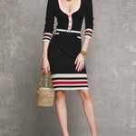 ElevenOra Chic Black Red-White Color-Blocked Stripes V-Neck Single-Breasted Belted Long-Sleeve Slim-Fit Knit Midi Dress