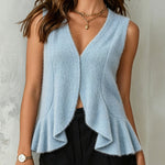 ElevenOra Chic Elegant Blue V-Neck Sleeveless Ruffled Detail A-Line Loose-Fit Soft Fuzzy Knit Vest Top