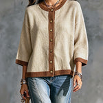 ElevenOra Chic Elegant Camel-Brown Colorblock Round-Neck Three-Quarter-Sleeve Single-Breasted Loose-Fit Knit Cardigan