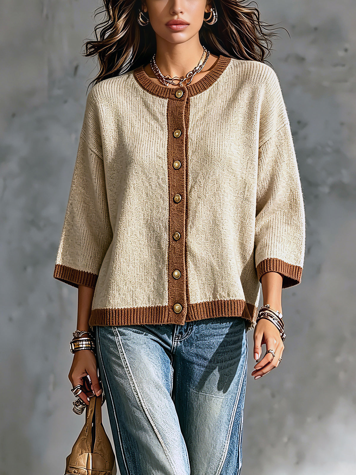 ElevenOra Chic Elegant Camel-Brown Colorblock Round-Neck Three-Quarter-Sleeve Single-Breasted Loose-Fit Knit Cardigan