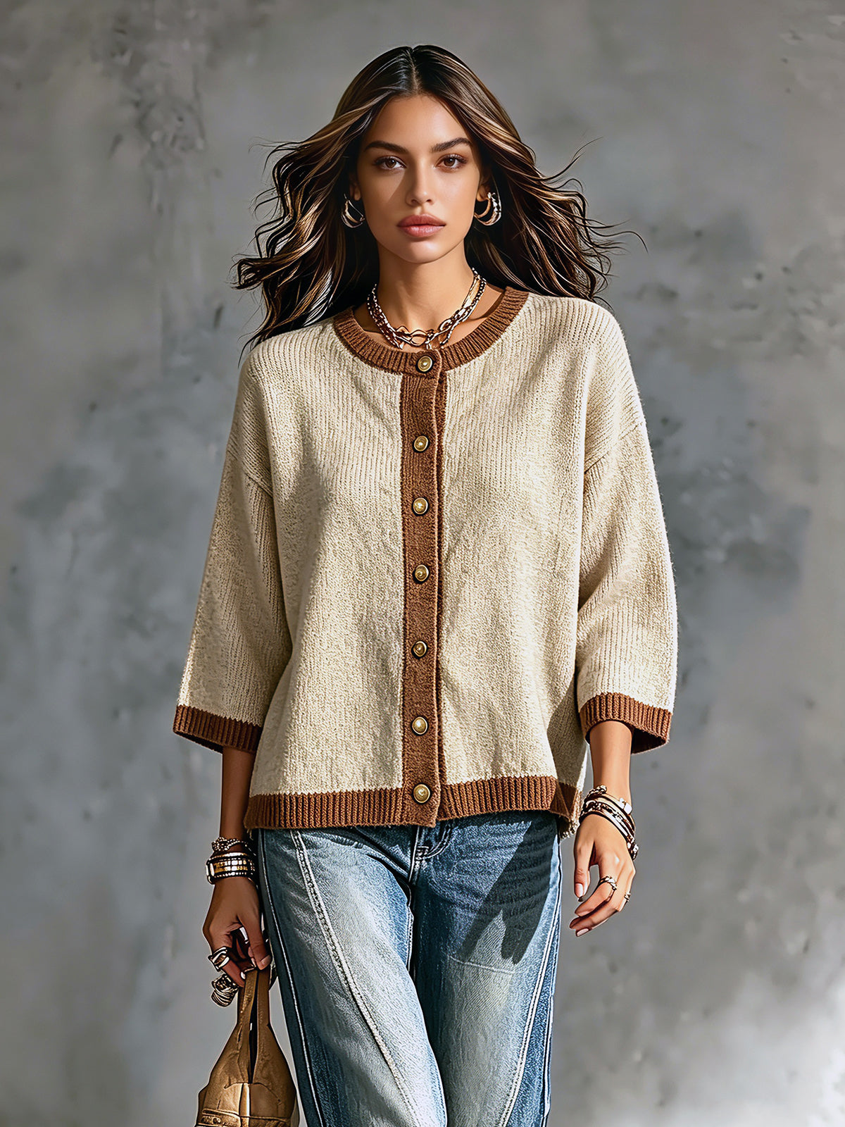 ElevenOra Chic Elegant Camel-Brown Colorblock Round-Neck Three-Quarter-Sleeve Single-Breasted Loose-Fit Knit Cardigan