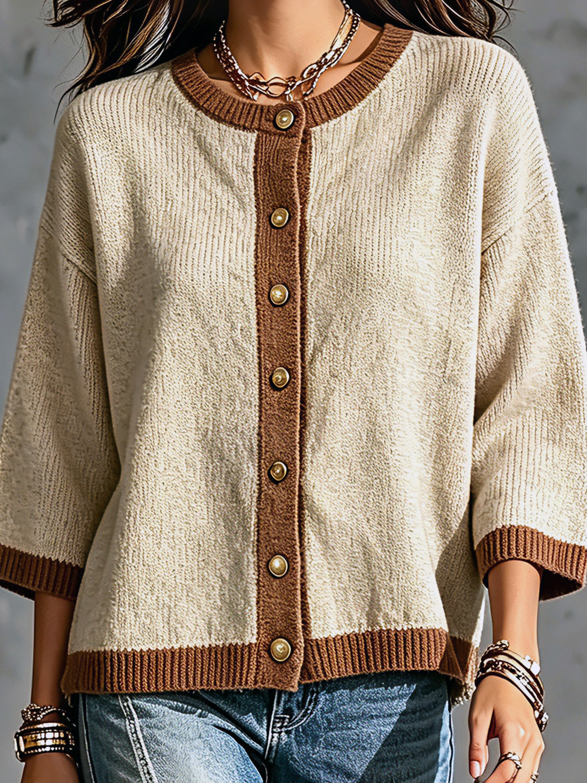 ElevenOra Chic Elegant Camel-Brown Colorblock Round-Neck Three-Quarter-Sleeve Single-Breasted Loose-Fit Knit Cardigan