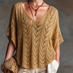 ElevenOra Chic Casual Mustard Yellow V-neck Short-sleeved Loose-Fit Knit Sweater
