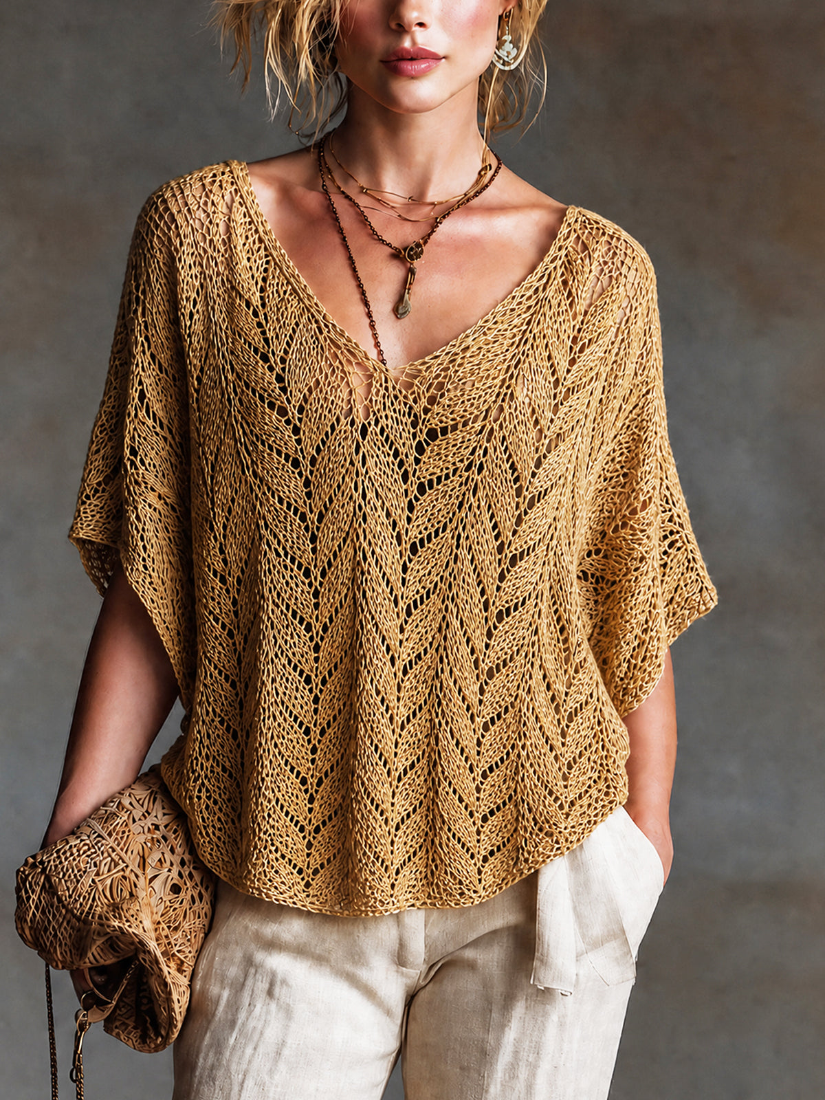 ElevenOra Chic Casual Mustard Yellow V-neck Short-sleeved Loose-Fit Knit Sweater