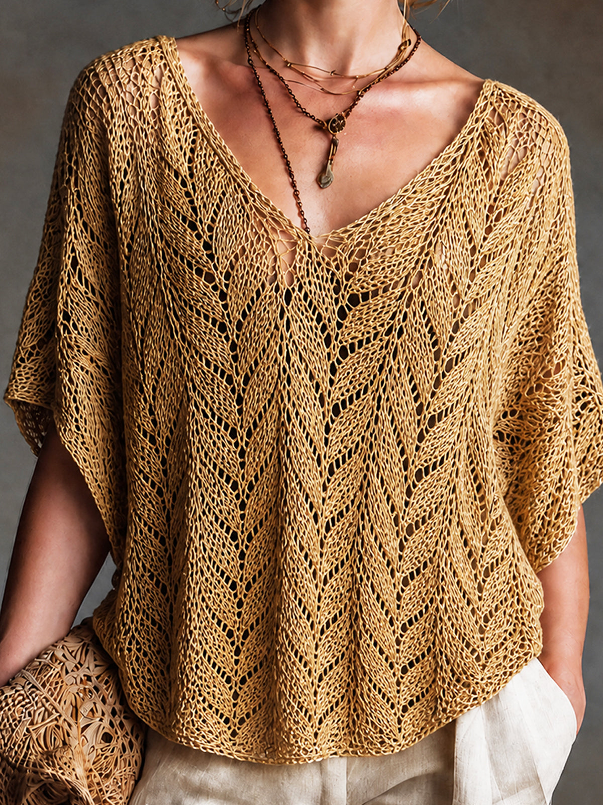 ElevenOra Chic Casual Mustard Yellow V-neck Short-sleeved Loose-Fit Knit Sweater