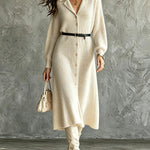 ElevenOra Chic Elegant Beige Peak Lapel Long-Lantern-Sleeve Single-Breasted Belted A-Line Loose-Fit Knit Midi Dress