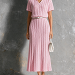 ElevenOra Chic Elegant Pink Lapel-Collar V-Neck Hollow-Out Detail Short Sleeve Loose-Fit A-Line Self Belt Knit Midi Dress