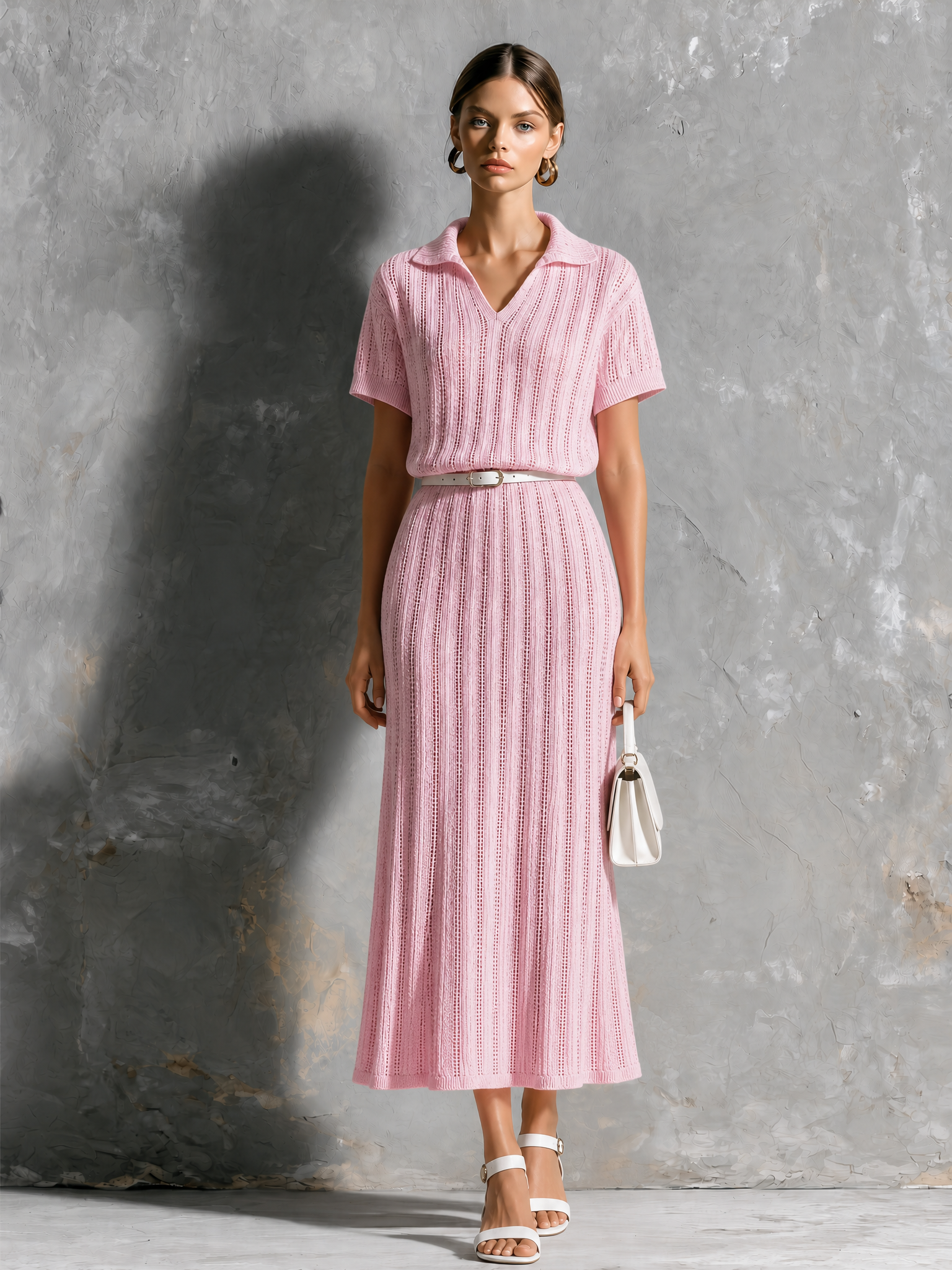 ElevenOra Chic Elegant Pink Lapel-Collar V-Neck Hollow-Out Detail Short Sleeve Loose-Fit A-Line Self Belt Knit Midi Dress