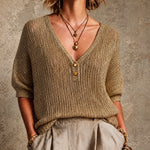 ElevenOra Chic Casual Camel Melange V-Neck Button Detail Half Sleeve Loose-Fit Knit Sweater