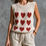 ElevenOra Chic Casual Off-White Round Neck Red Heart Jacquard Sleeveless Loose-Fit Knit Vest Top