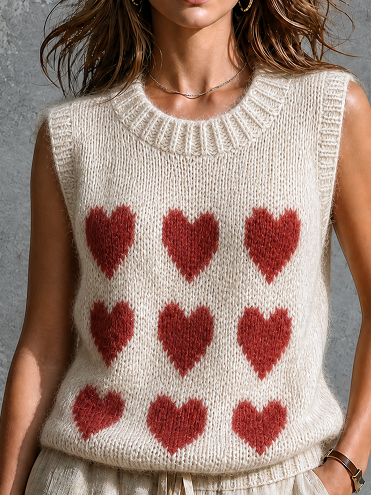 ElevenOra Chic Casual Off-White Round Neck Red Heart Jacquard Sleeveless Loose-Fit Knit Vest Top