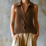 ElevenOra Chic Casual Brown Lapel V-Neck Cable Hollow-Out Sleeveless Slim-Fit Knit Tank Top