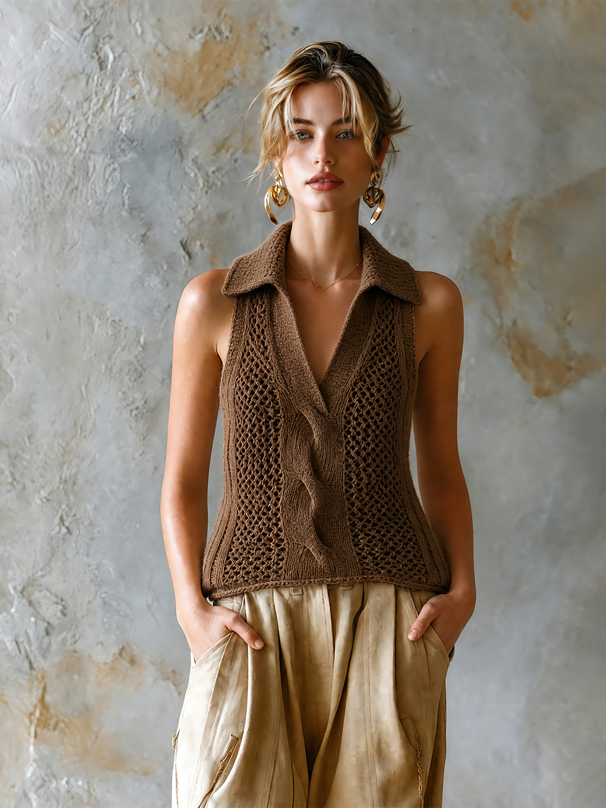 ElevenOra Chic Casual Brown Lapel V-Neck Cable Hollow-Out Sleeveless Slim-Fit Knit Tank Top