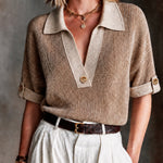 ElevenOra Chic Casual Beige-Camel Colorblock Polo-Neck Button Details Half Sleeve Loose-Fit Knit Sweater