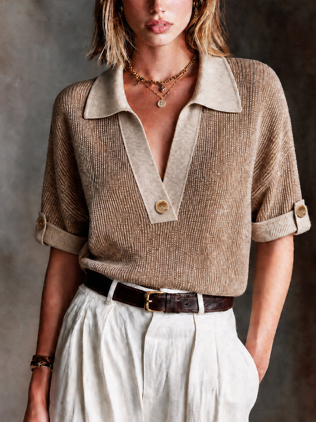 ElevenOra Chic Casual Beige-Camel Colorblock Polo-Neck Button Details Half Sleeve Loose-Fit Knit Sweater
