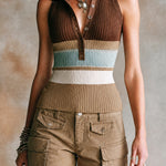 ElevenOra Chic Brown-Camel Multi-Colored Stripes Halter Neck Slim-Fit Knit Vest Top