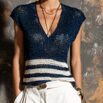 ElevenOra Chic Navy Blue-White Stripes V-Neck Slim-Fit Knit Vest Top