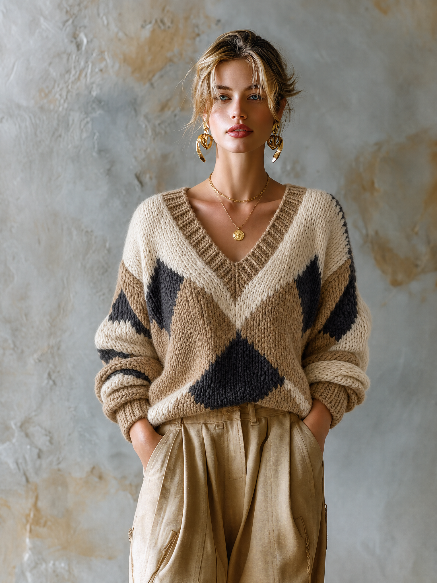 ElevenOra Chic Casual Off-White-Camel-Charcoal Colorblock Diamond Jacquard V-Neck Long Sleeve Loose-Fit Knit Sweater Top