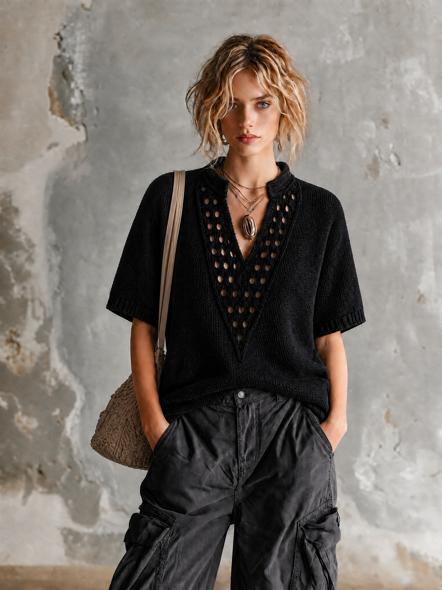 ElevenOra Chic Casual Black Stand Collar V-Neck Hollow-Out Detail Short-Sleeve Loose-Fit Knit Sweater Top