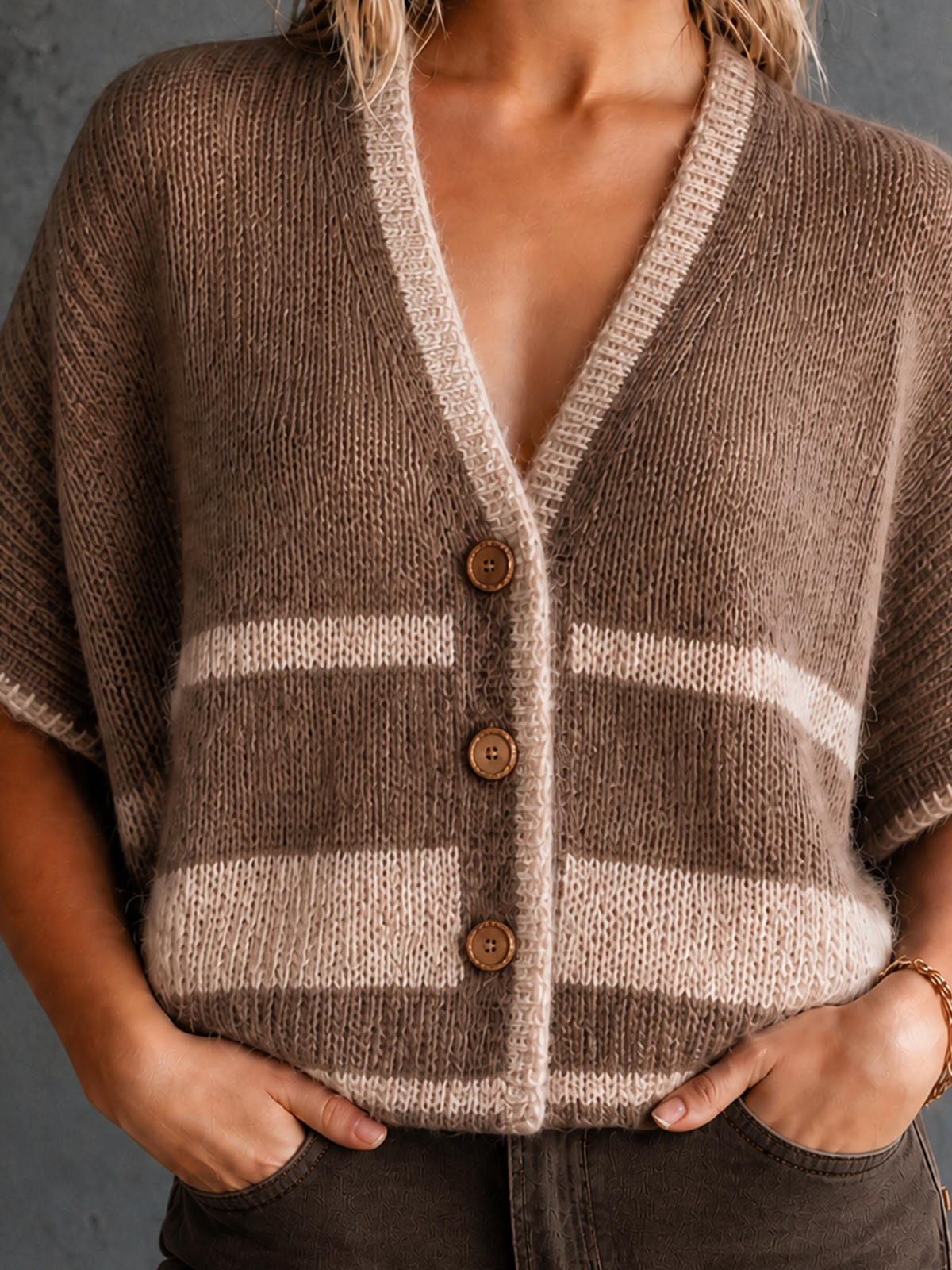 ElevenOra Chic Elegant Camel V-Neck Contrast Trim Batwing Sleeve Single-Breasted Loose-Fit Knit Cardigan Top