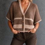 ElevenOra Chic Elegant Camel V-Neck Contrast Trim Batwing Sleeve Single-Breasted Loose-Fit Knit Cardigan Top