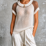 ElevenOra Chic Casual White-Brown Colorblock Round-Neck Raglan Sleeves Loose-Fit Mesh Knit Sweater Top