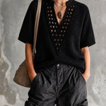 ElevenOra Chic Casual Black Stand Collar V-Neck Hollow-Out Detail Short-Sleeve Loose-Fit Knit Sweater Top