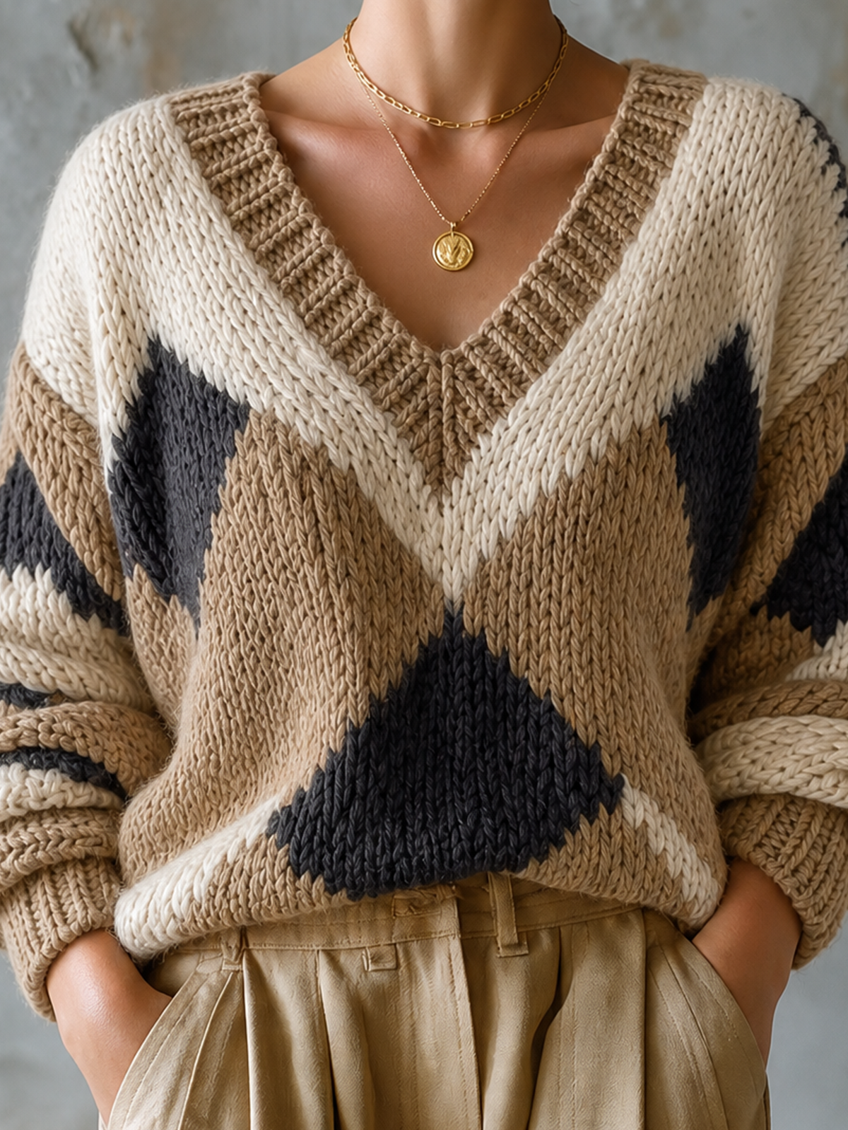 ElevenOra Chic Casual Off-White-Camel-Charcoal Colorblock Diamond Jacquard V-Neck Long Sleeve Loose-Fit Knit Sweater Top