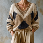 ElevenOra Chic Casual Off-White-Camel-Charcoal Colorblock Diamond Jacquard V-Neck Long Sleeve Loose-Fit Knit Sweater Top