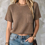 ElevenOra Chic Elegant Brown Cotton Blend Round-Neck Short-Sleeve Patch Pocket Loose-Fit Ribbed Knit Sweater Top