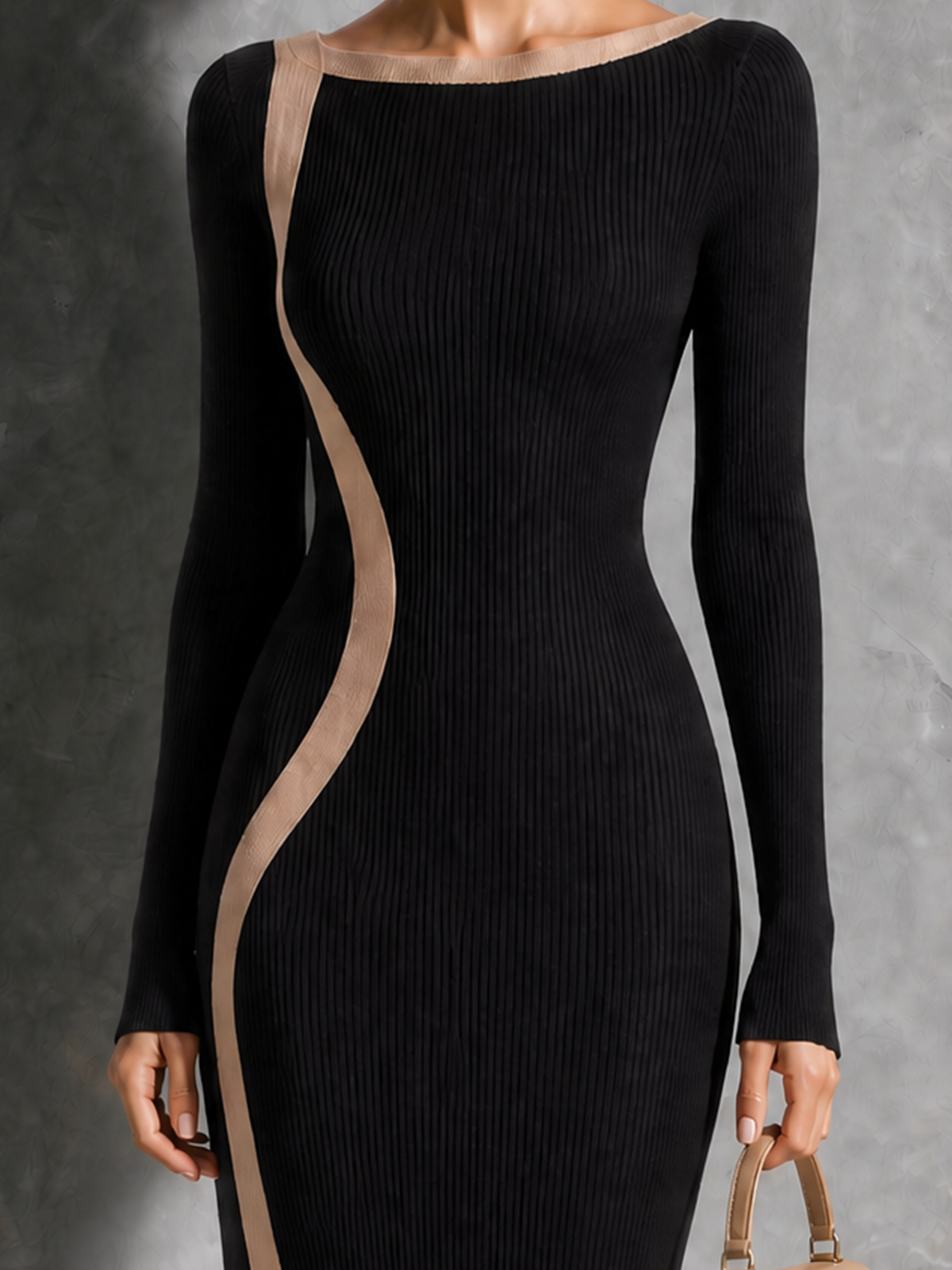 ElevenOra Chic Elegant Black Boat Neck Curved Contrast Trim Long Sleeve Slim-Fit Side Slit Ribbed Knit Midi Dress