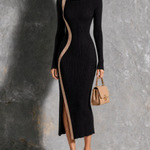ElevenOra Chic Elegant Black Boat Neck Curved Contrast Trim Long Sleeve Slim-Fit Side Slit Ribbed Knit Midi Dress