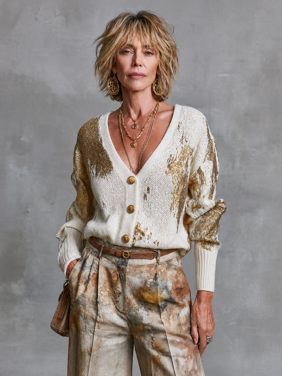 ElevenOra Chic White-Gold Color-Blocked  V-Neck Long Sleeved Single-Breasted Loose-Fit  Knit Cardigan Top