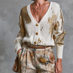 ElevenOra Chic White-Gold Color-Blocked  V-Neck Long Sleeved Single-Breasted Loose-Fit  Knit Cardigan Top