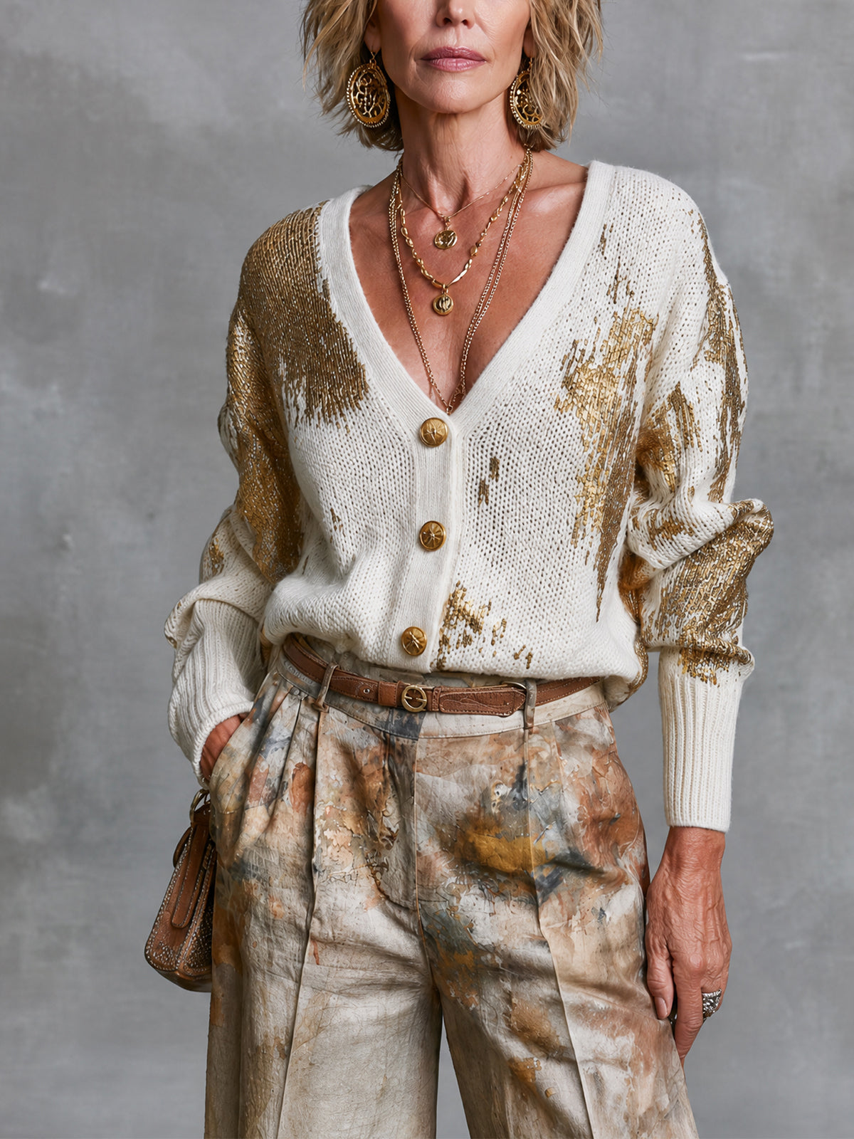 ElevenOra Chic White-Gold Color-Blocked  V-Neck Long Sleeved Single-Breasted Loose-Fit  Knit Cardigan Top