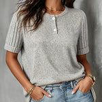 ElevenOra Chic Elegant Gray Cotton Blend Henley-Collar Short-Sleeve Loose-Fit Soft Ribbed Knit Sweater Top
