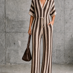 ElevenOra Chic Elegant Beige-Brown Stripe Lapel-Collar V-Neck Short-Sleeve Drawstring Waist Wide Leg Mesh Knit Jumpsuit