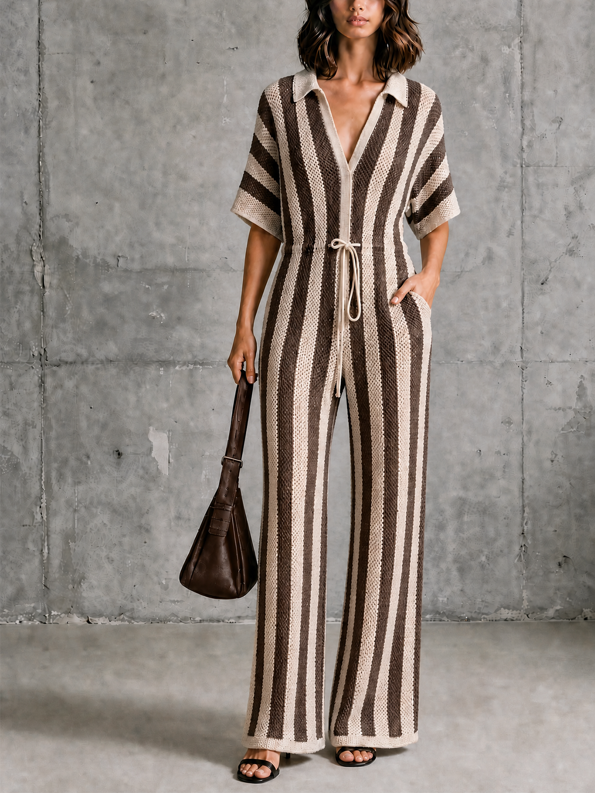 ElevenOra Chic Elegant Beige-Brown Stripe Lapel-Collar V-Neck Short-Sleeve Drawstring Waist Wide Leg Mesh Knit Jumpsuit