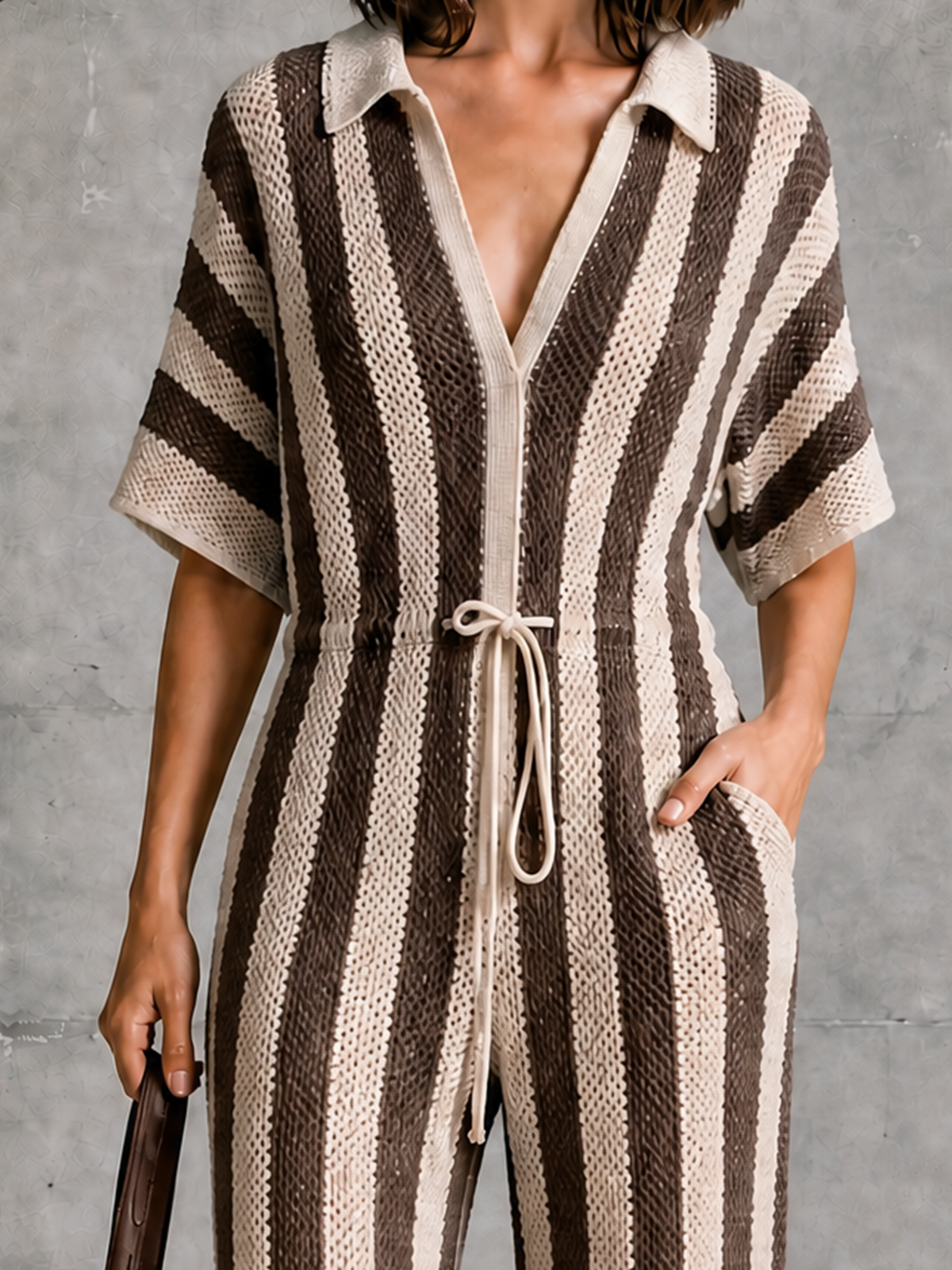 ElevenOra Chic Elegant Beige-Brown Stripe Lapel-Collar V-Neck Short-Sleeve Drawstring Waist Wide Leg Mesh Knit Jumpsuit