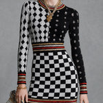 ElevenOra Chic Black Red-White Color-Blocked Stripes Plaid Rould-Neck Long-Sleeve Slim-Fit Knit Mini Knit Dress