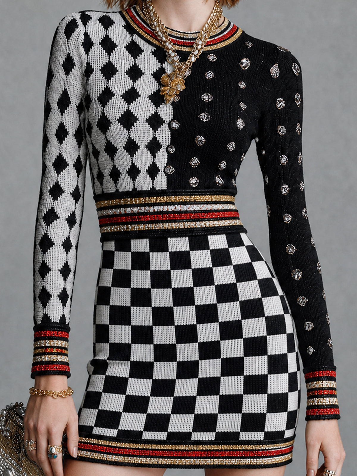 ElevenOra Chic Black Red-White Color-Blocked Stripes Plaid Rould-Neck Long-Sleeve Slim-Fit Knit Mini Knit Dress