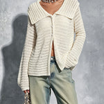 ElevenOra Chic Elegant Cream White Lapel-Collar Long-Sleeve Single-Breasted Loose-Fit Mesh Knit Cardigan