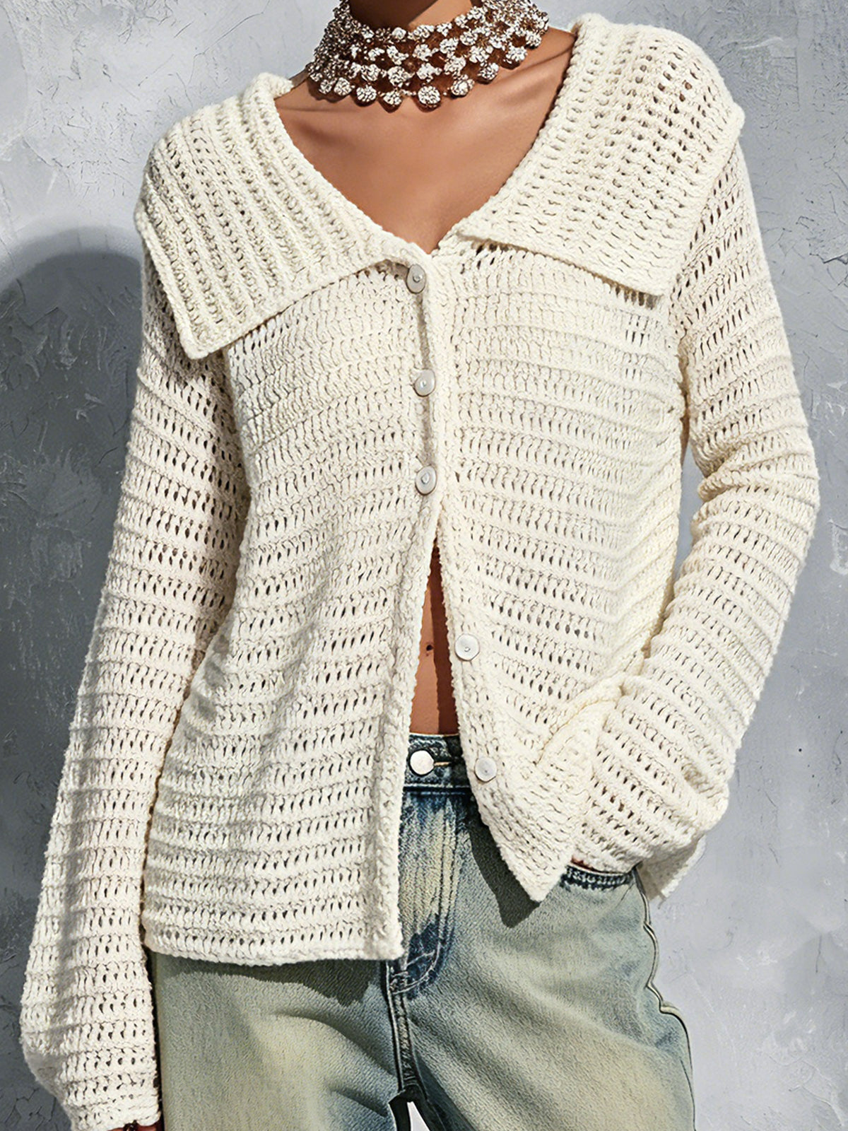 ElevenOra Chic Elegant Cream White Lapel-Collar Long-Sleeve Single-Breasted Loose-Fit Mesh Knit Cardigan