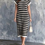 ElevenOra Chic Elegant Black-White Colorblock Stripes Round-Neck Dropped Shoulder Short-Sleeve Slim-Fit Knit Midi Dress